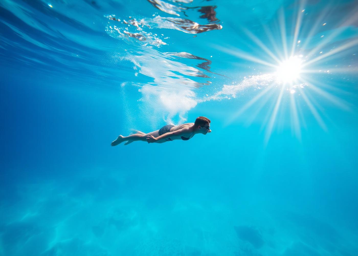 Nageur glissant sous la surface d'une eau claire traversée de rayons de soleil